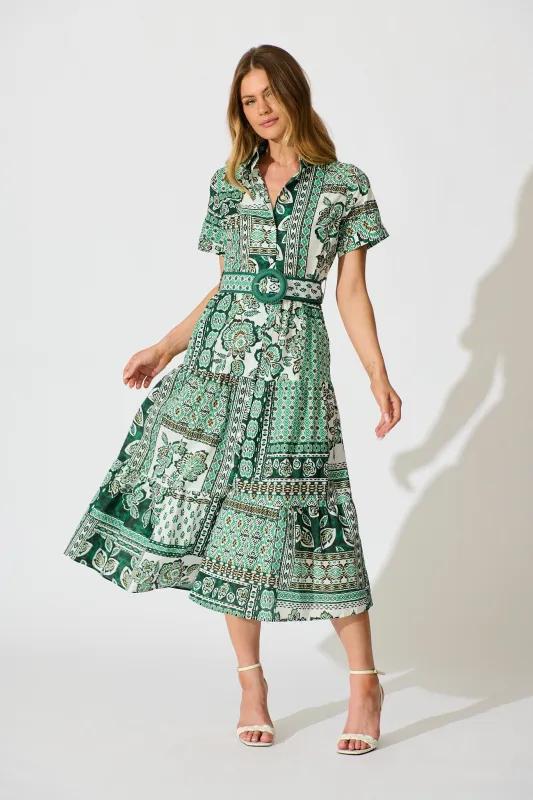 Sable Maxi Shirt Dress in Green with White Patchwork Cotton sold by St Frock