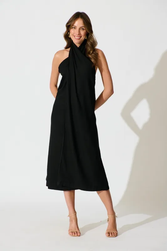 Rhiara Maxi Dress in Black Linen Blend sold by St Frock