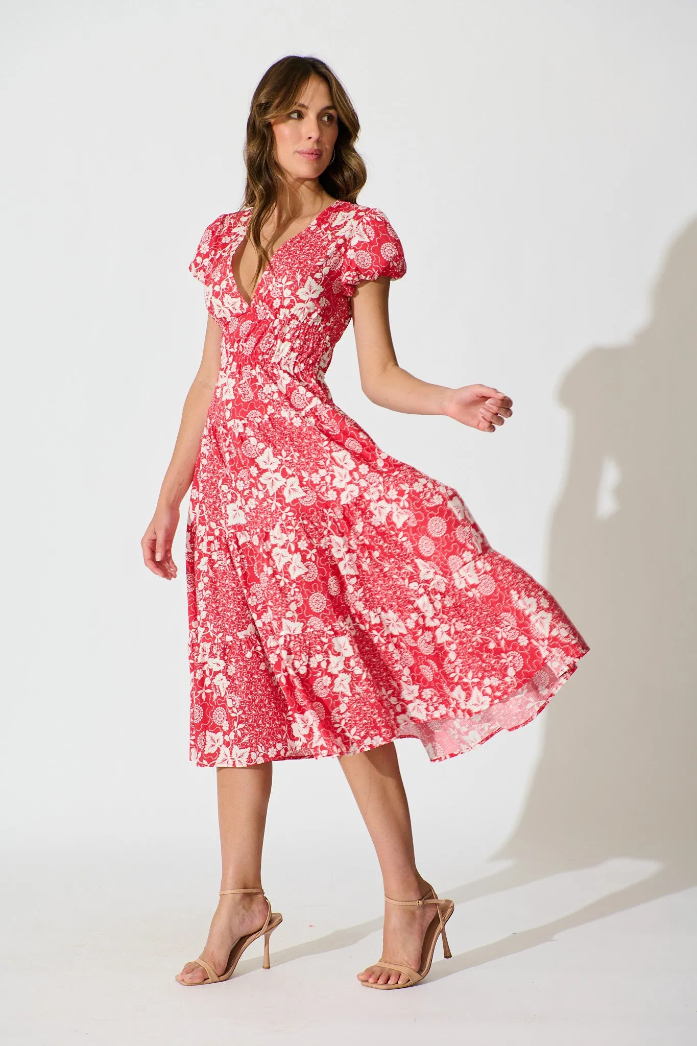 Helia Midi Dress in Red with White Floral Linen Blend sold by St Frock product image thumbnail 3