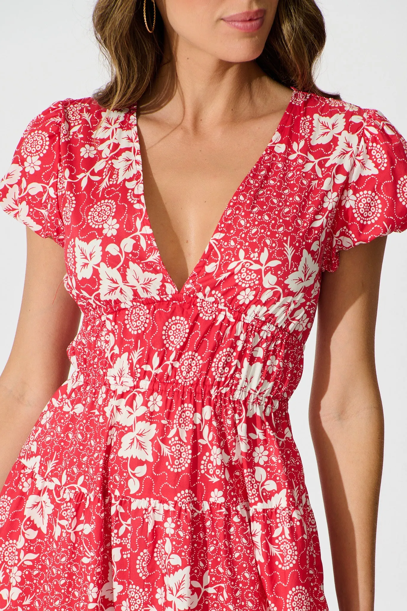 Helia Midi Dress in Red with White Floral Linen Blend sold by St Frock product image thumbnail 5