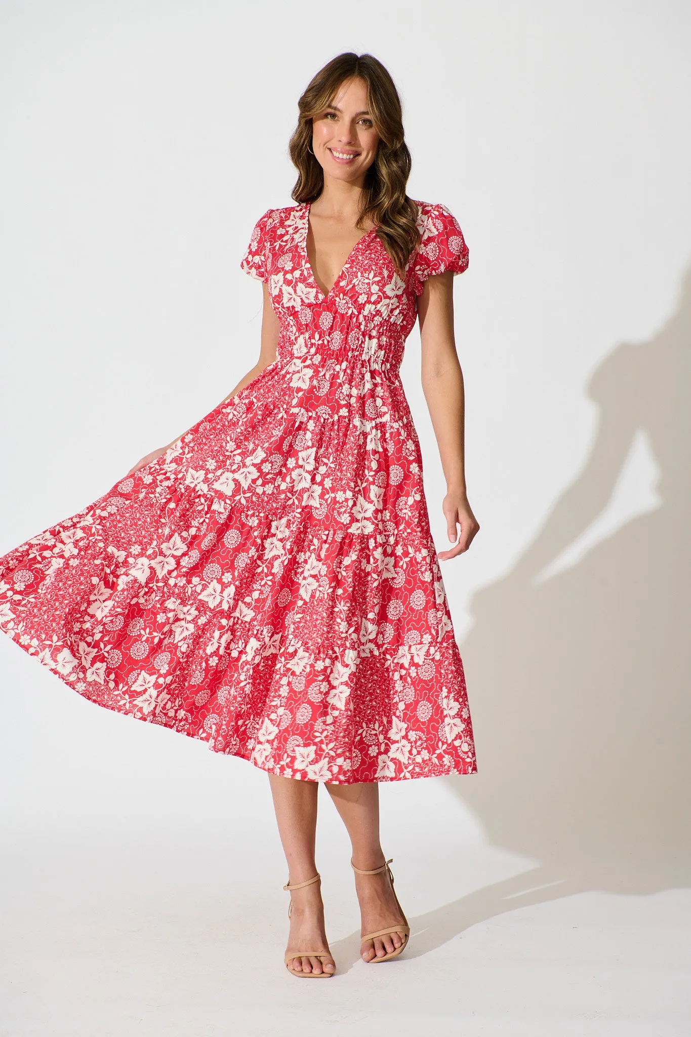Helia Midi Dress in Red with White Floral Linen Blend sold by St Frock
