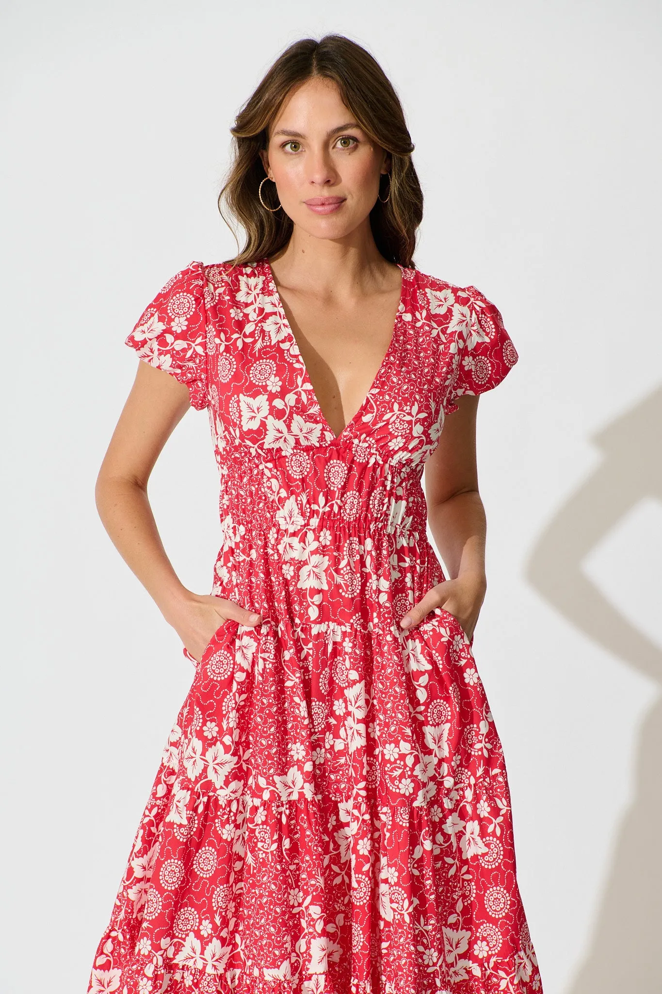 Helia Midi Dress in Red with White Floral Linen Blend sold by St Frock product image thumbnail 2