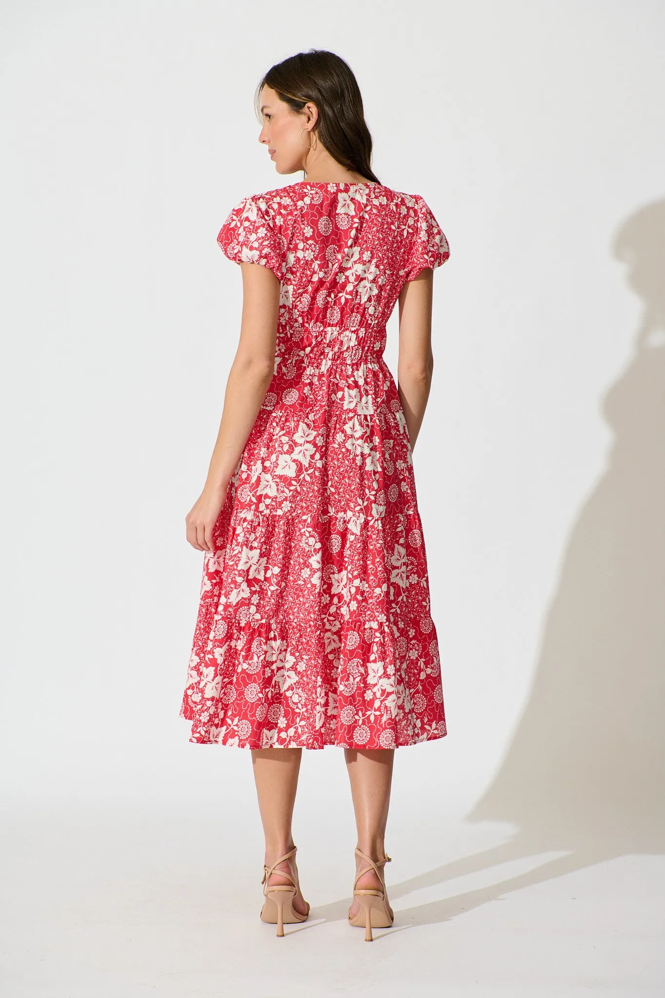 Helia Midi Dress in Red with White Floral Linen Blend sold by St Frock product image thumbnail 4