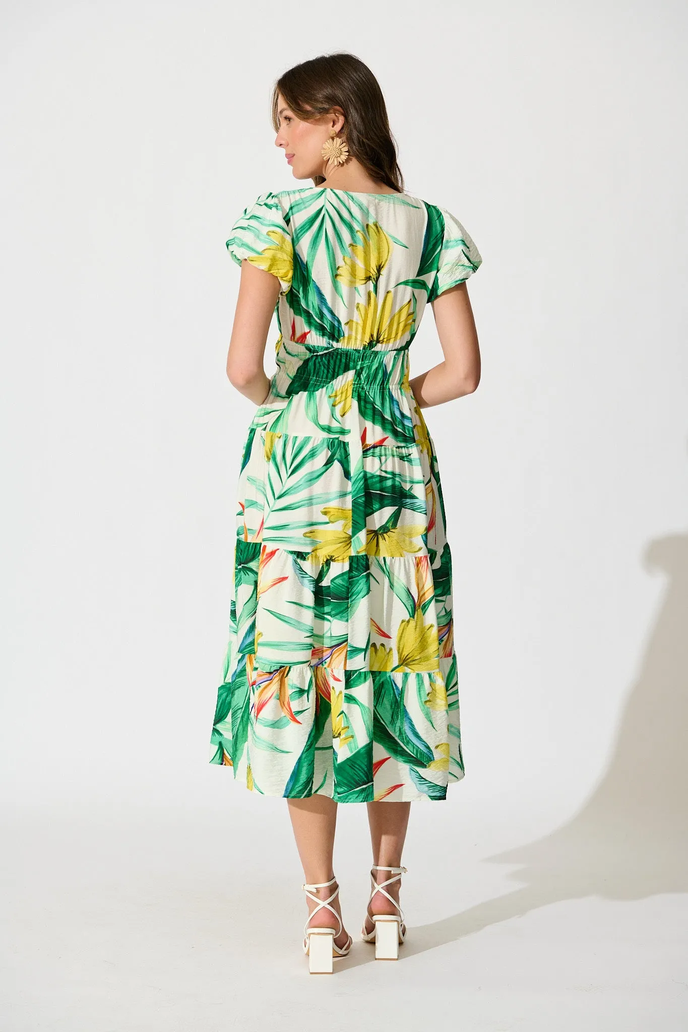 Helia Midi Dress In Green Tropical Print Linen Blend sold by St Frock product image thumbnail 4