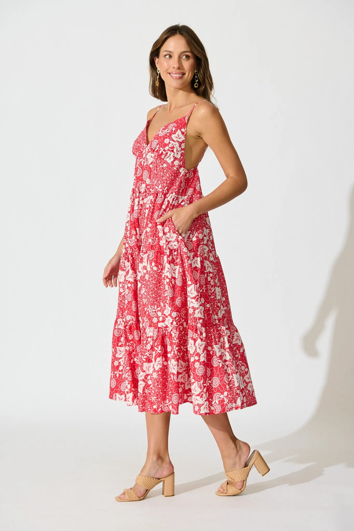 Evangelina Maxi Sundress in Red with White Floral Cotton sold by St Frock product image thumbnail 3
