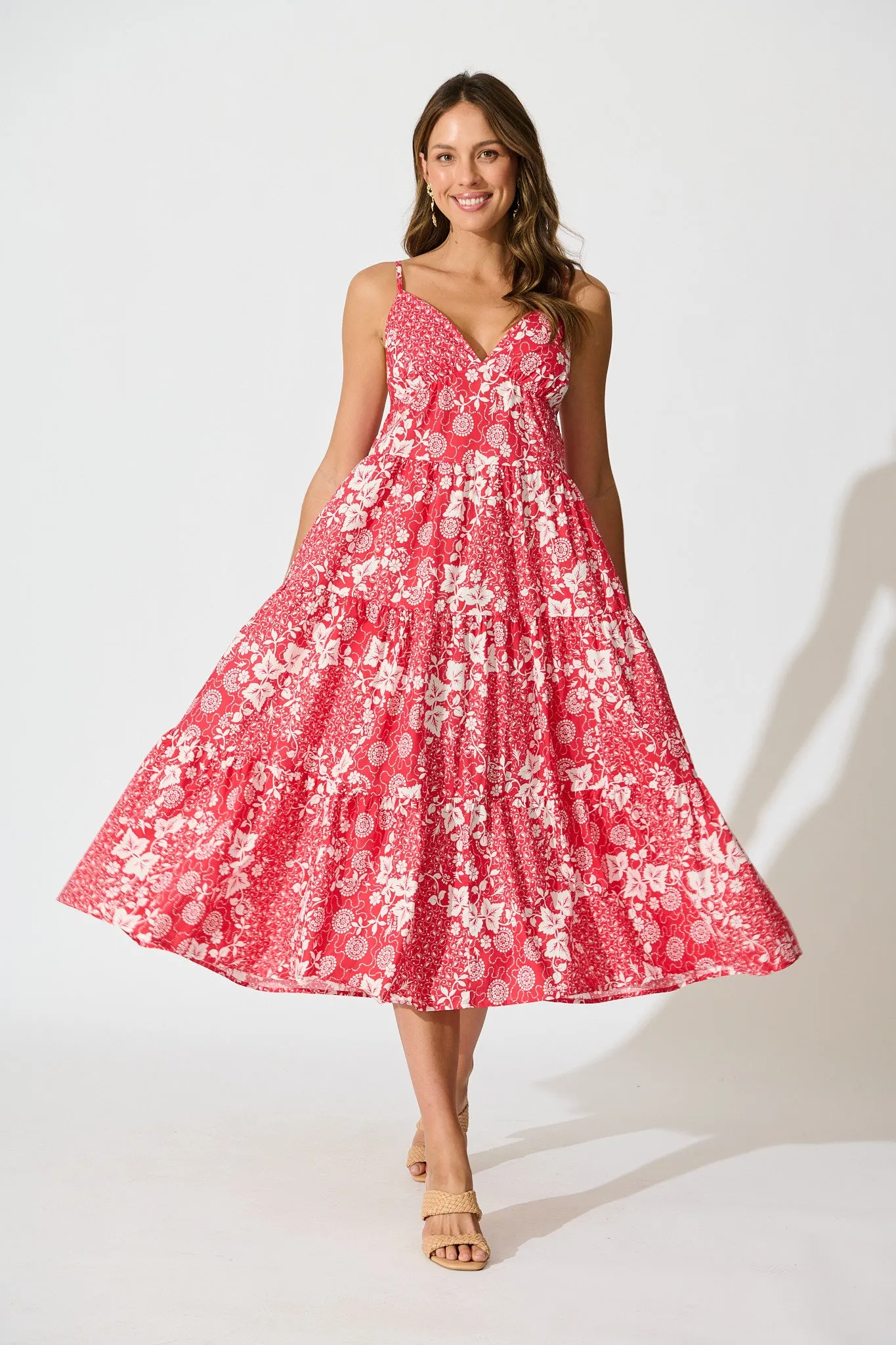 Evangelina Maxi Sundress in Red with White Floral Cotton sold by St Frock