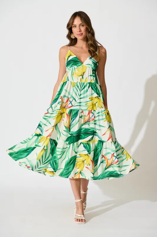 Evangelina Maxi Sundress In Green Tropical Print Linen Blend sold by St Frock