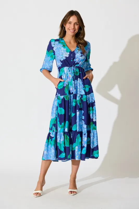 Danielle Midi Dress in Blue Floral sold by St Frock