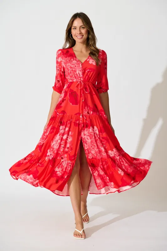 Danielle Midi Dress in Red Floral sold by St Frock