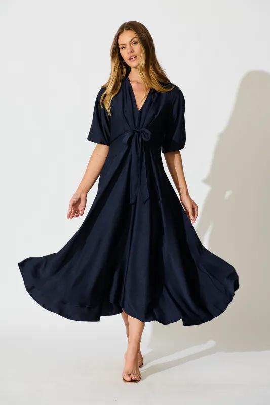Iris Belle Maxi Dress in Navy Satin sold by St Frock