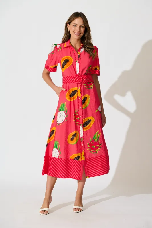 Alina Maxi Shirt Dress in Red Multi Print sold by St Frock