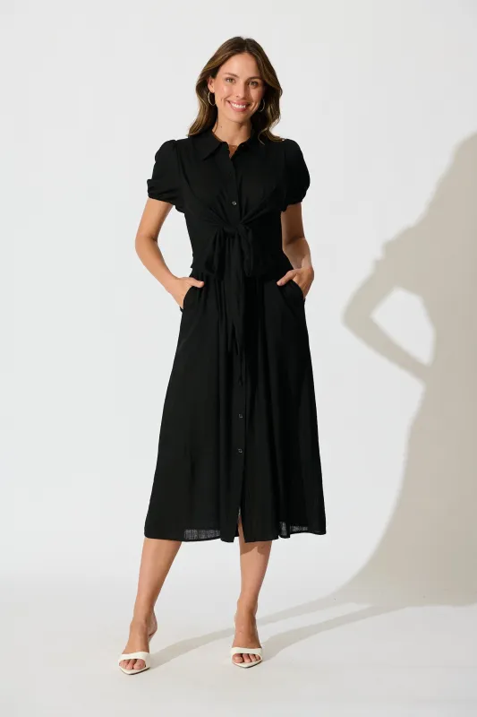 Lioda Midi Shirt Dress in Black Linen Blend sold by St Frock