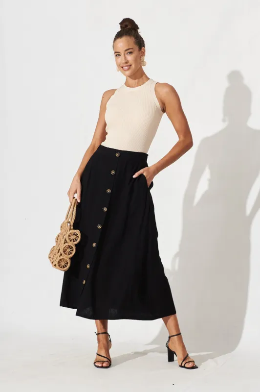 Moree Midi Skirt In Black Linen Blend sold by St Frock