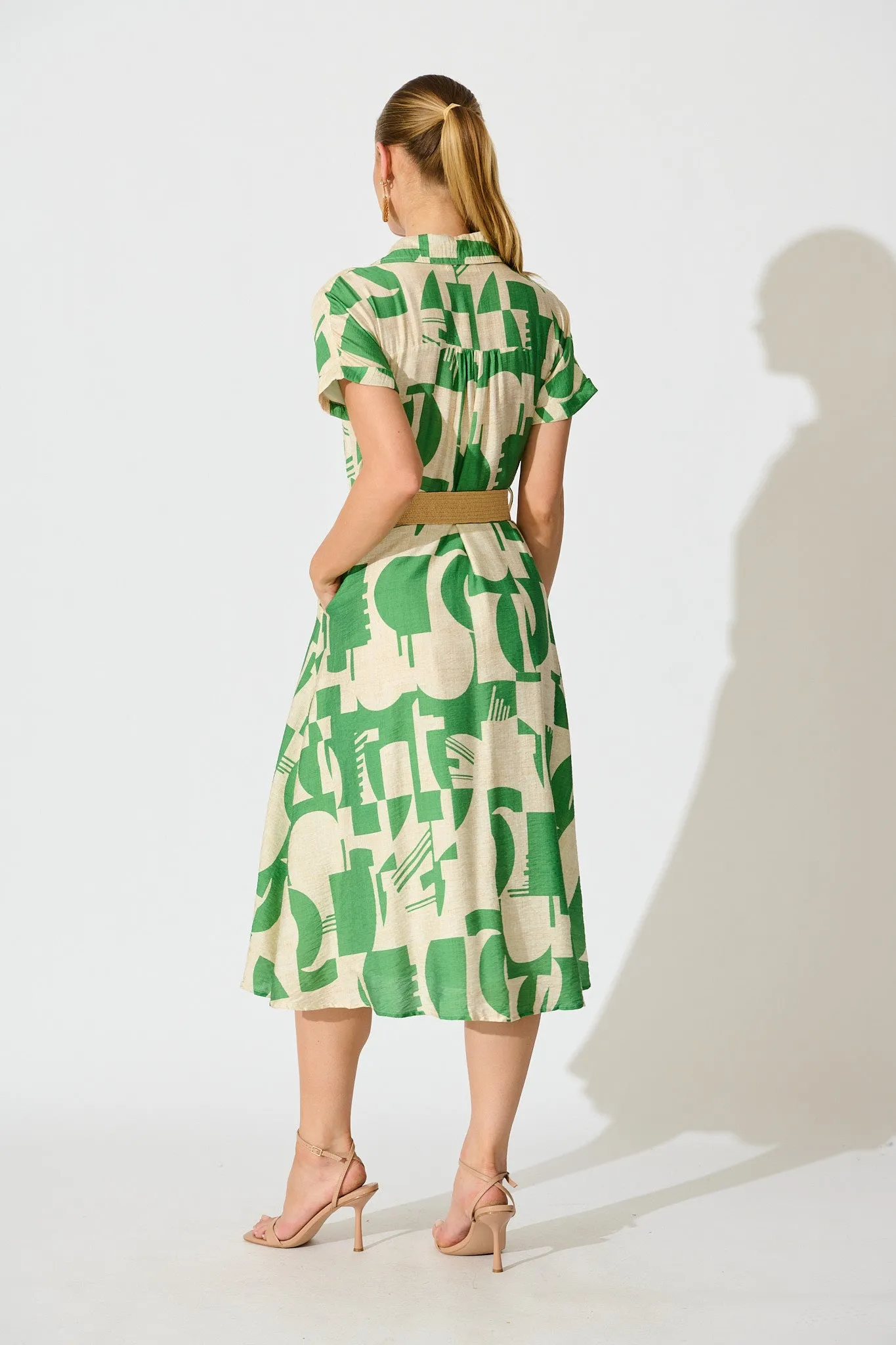 Charli Midi Shirt Dress in Green Geometric Print with Belt sold by St Frock product image thumbnail 4