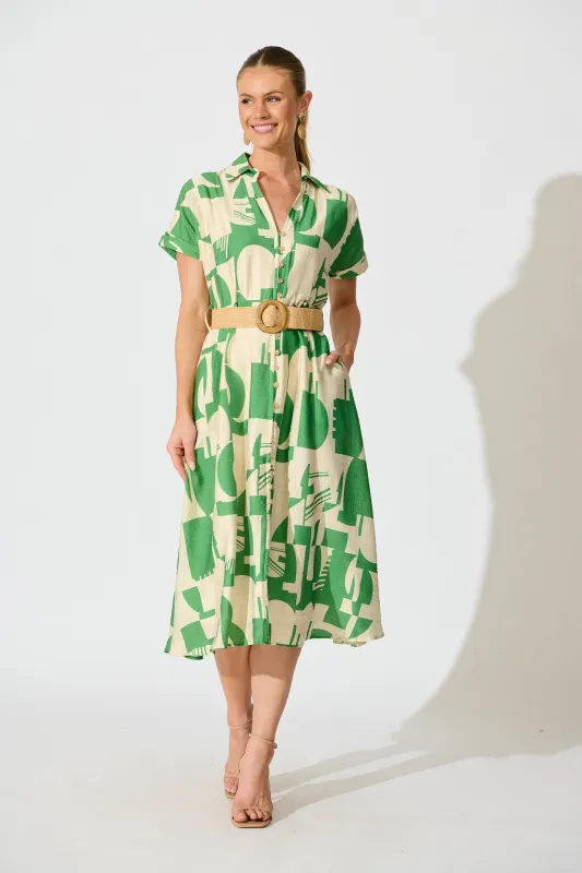 Charli Midi Shirt Dress in Green Geometric Print with Belt sold by St Frock