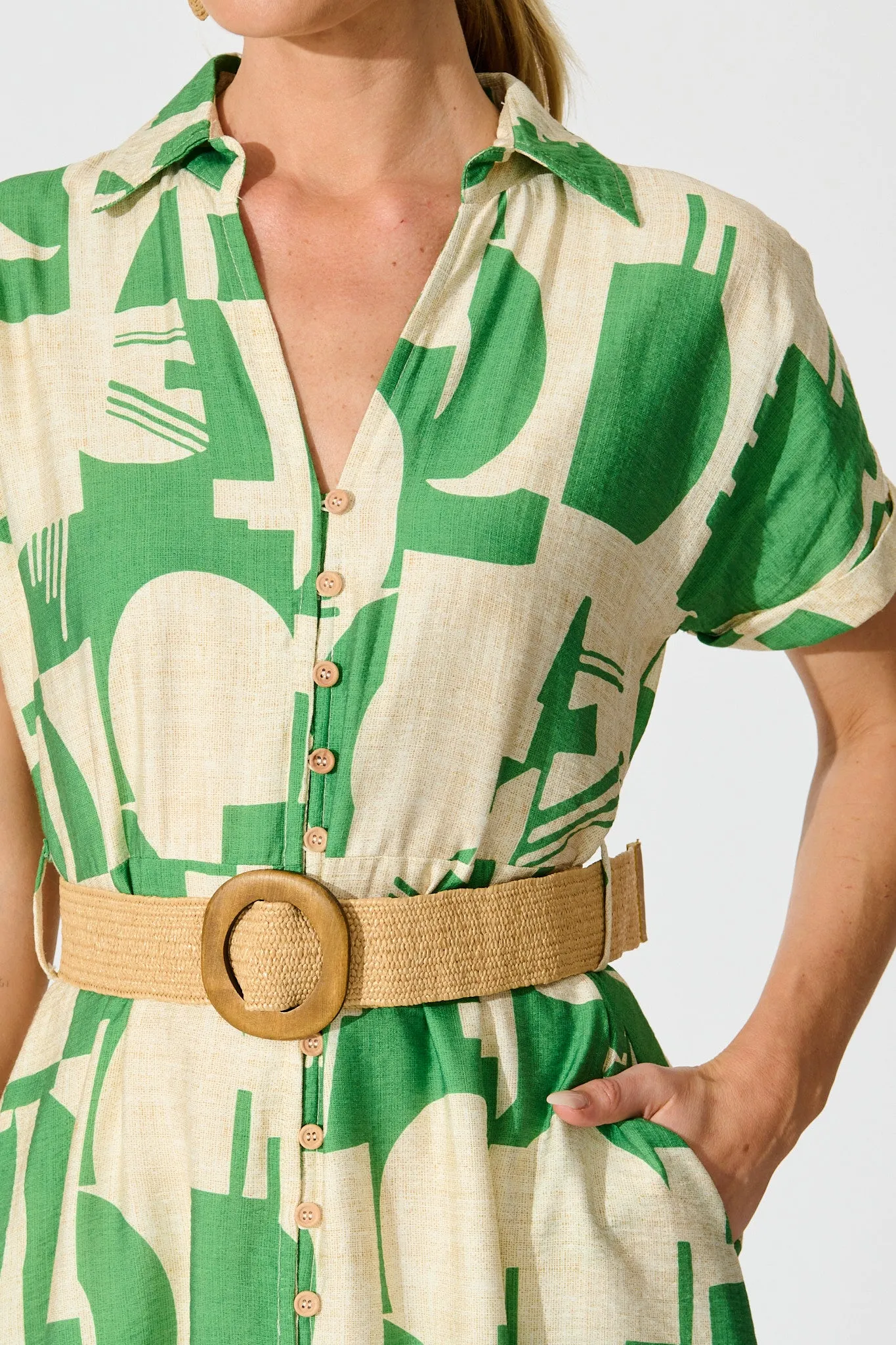 Charli Midi Shirt Dress in Green Geometric Print with Belt sold by St Frock product image thumbnail 5