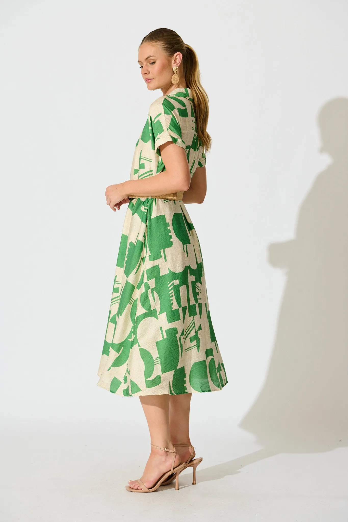 Charli Midi Shirt Dress in Green Geometric Print with Belt sold by St Frock product image thumbnail 3