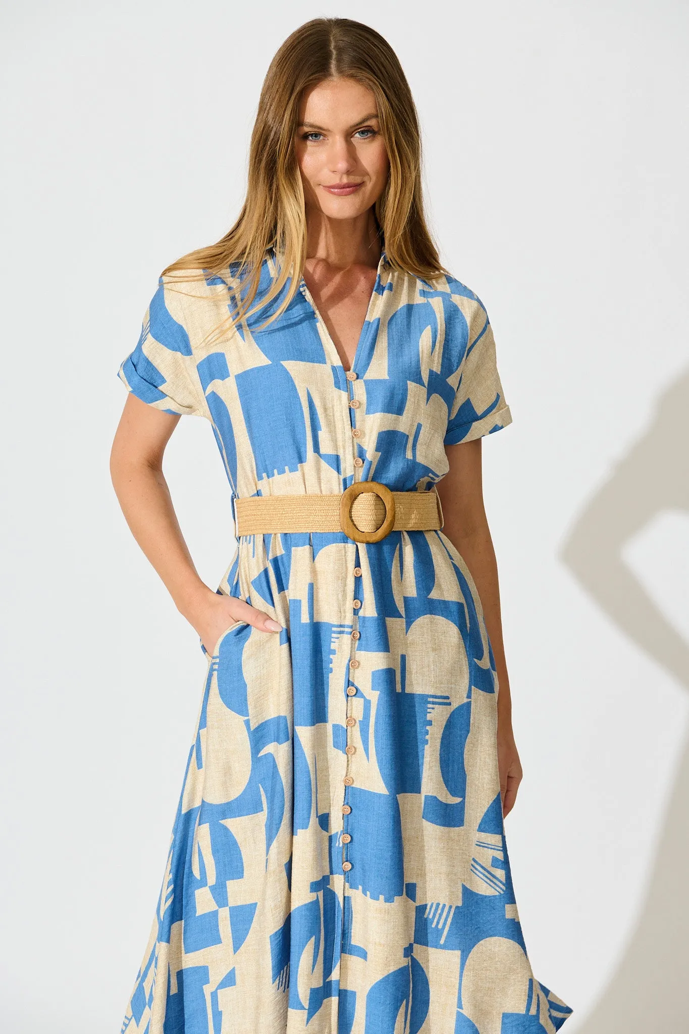 Charli Midi Shirt Dress in Blue Geometric Print with Belt sold by St Frock product image thumbnail 2