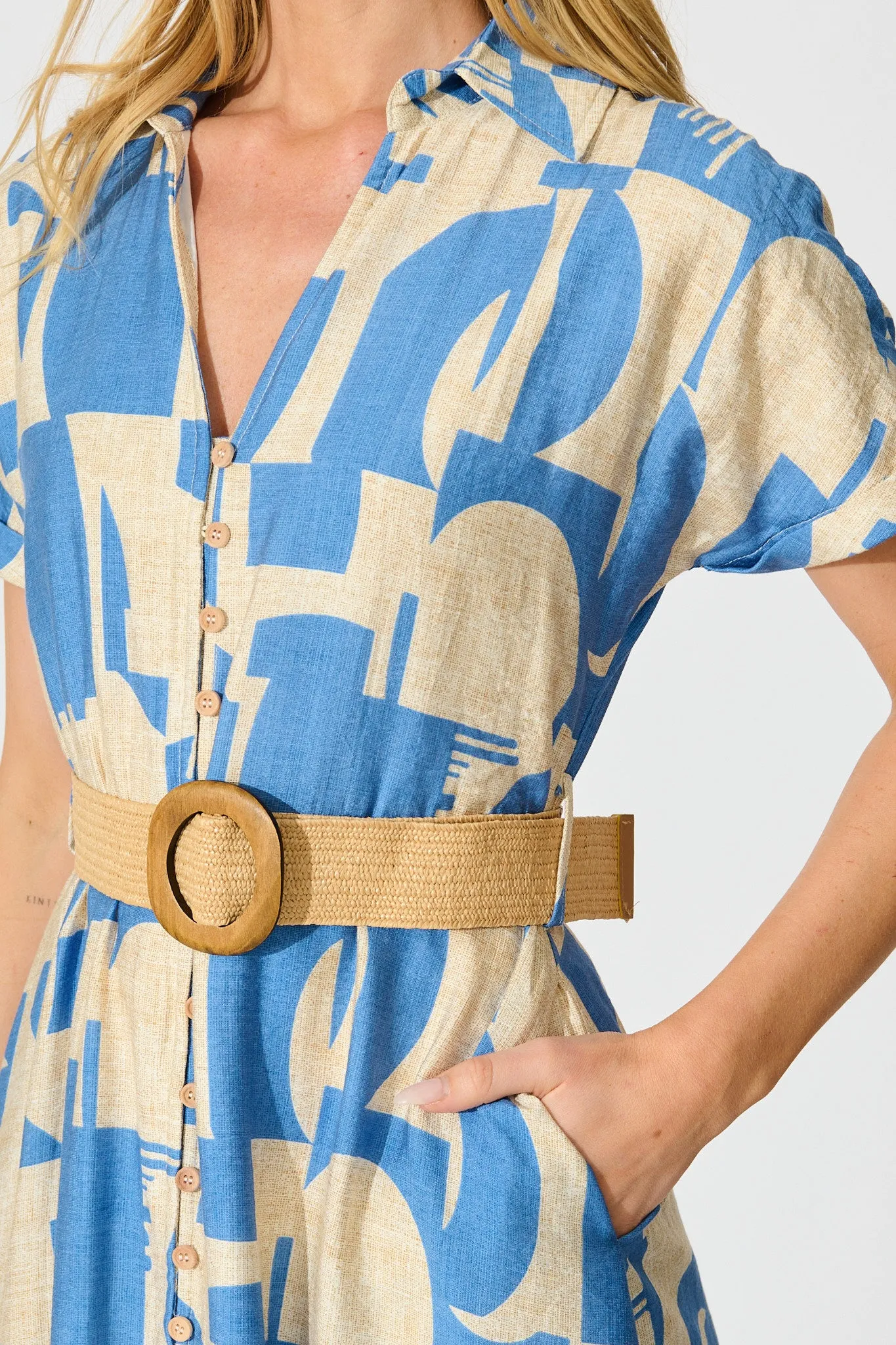 Charli Midi Shirt Dress in Blue Geometric Print with Belt sold by St Frock product image thumbnail 5