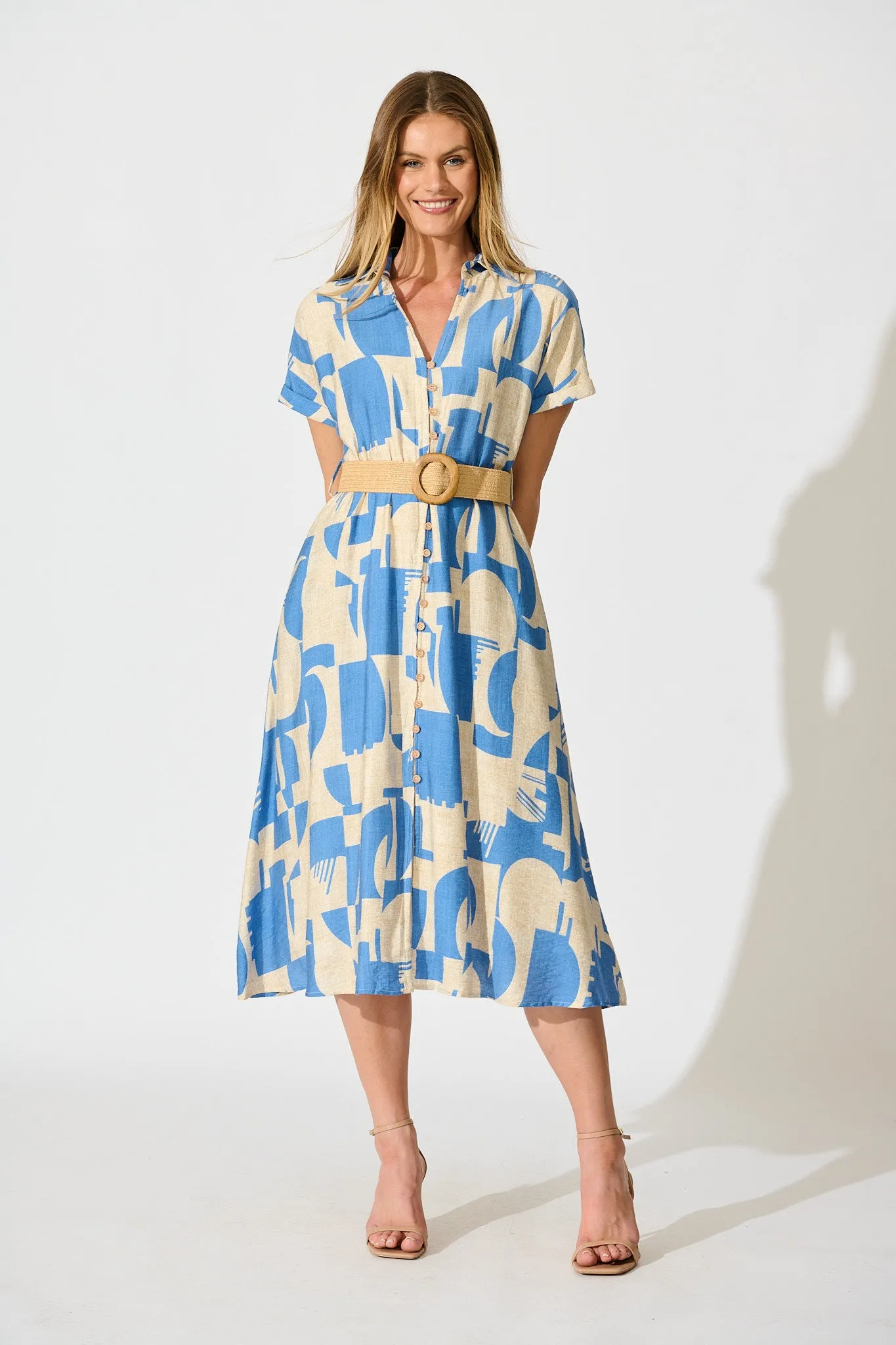 Charli Midi Shirt Dress in Blue Geometric Print with Belt sold by St Frock