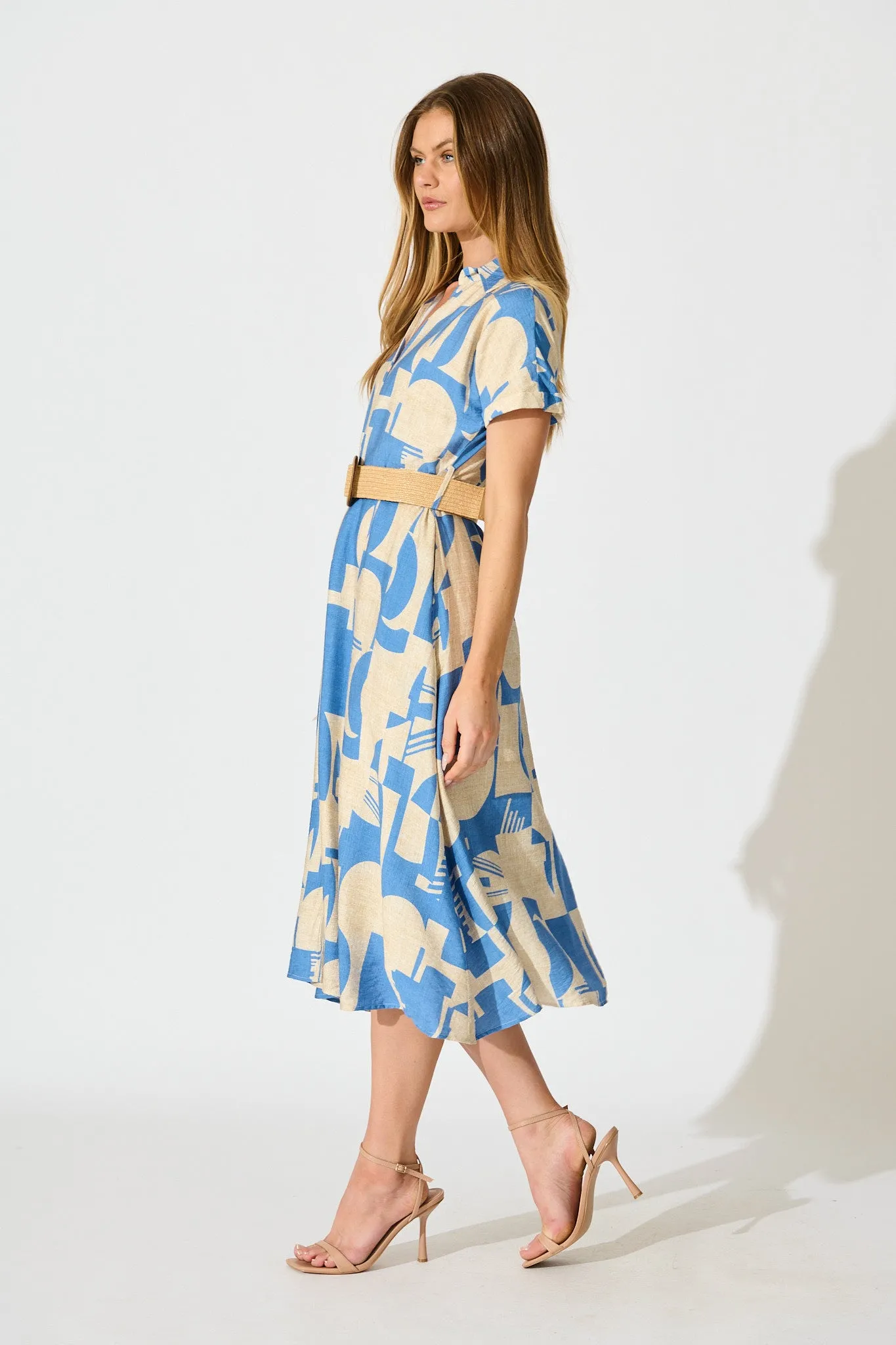 Charli Midi Shirt Dress in Blue Geometric Print with Belt sold by St Frock product image thumbnail 3