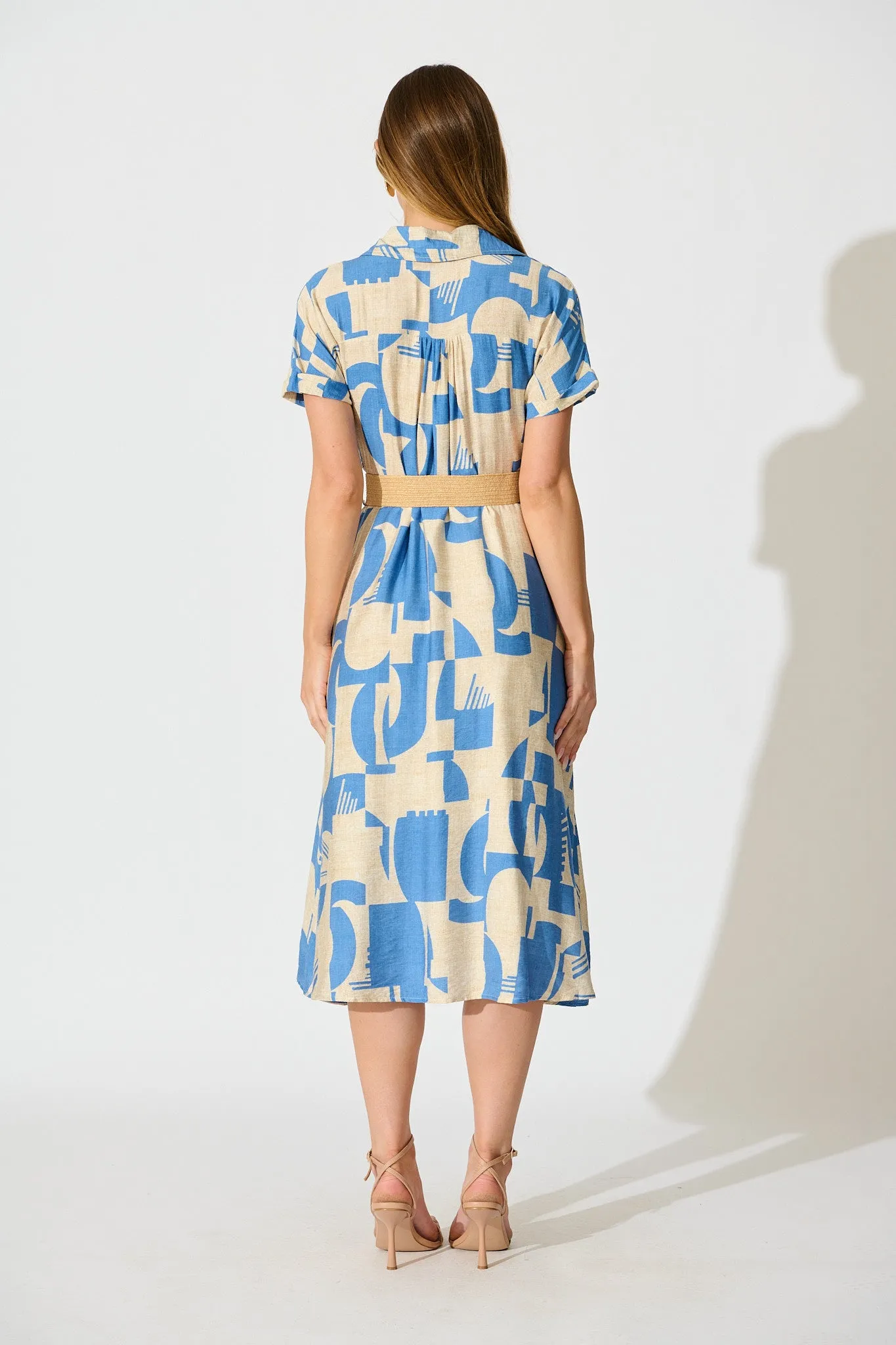 Charli Midi Shirt Dress in Blue Geometric Print with Belt sold by St Frock product image thumbnail 4