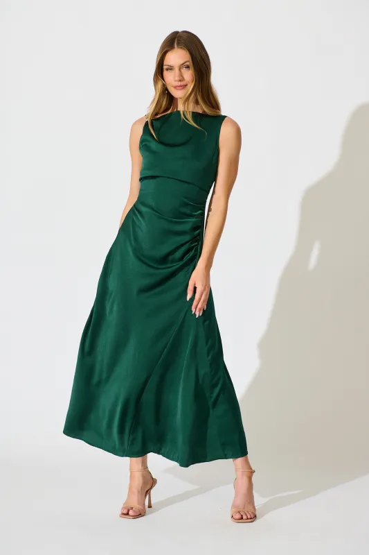 Ensley Maxi Dress in Emerald Satin sold by St Frock