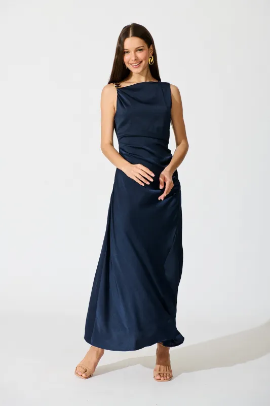 Ensley Maxi Dress in Navy Satin sold by St Frock