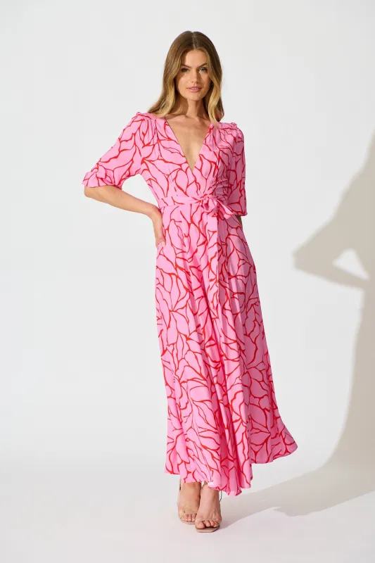 Ronda Maxi Wrap Dress in Pink Geometric Print sold by St Frock