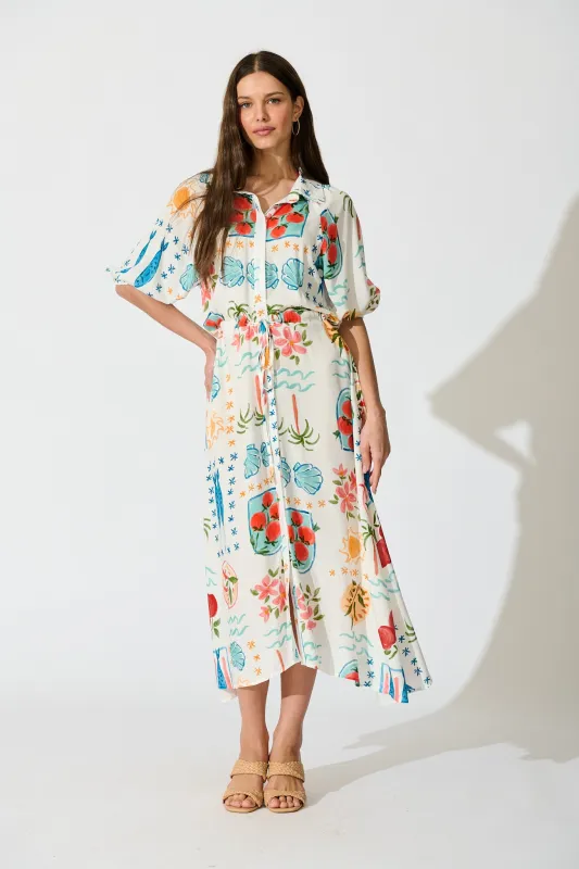 Isla Botanica Midi Shirt Dress in Cream with Multi Conversational Print sold by St Frock