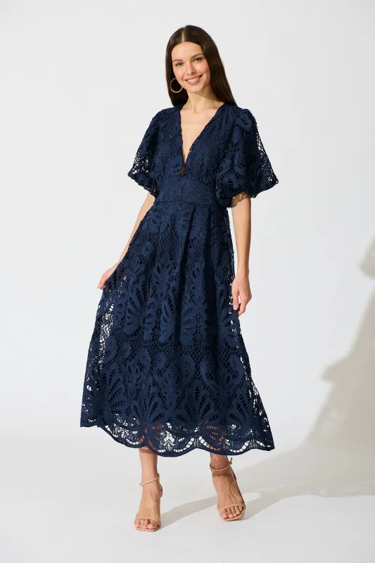 Serene Melody Lace Maxi Dress In Navy sold by St Frock
