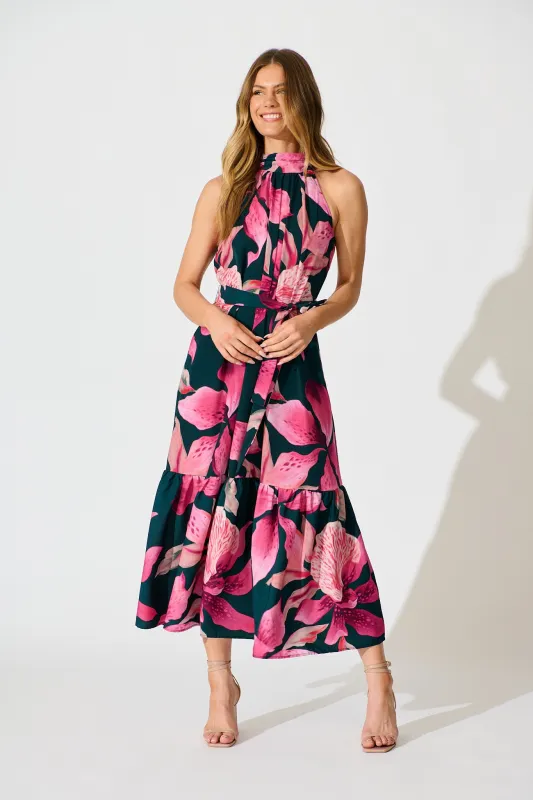 Petal Whisper Maxi Dress in Emerald with Pink Floral sold by St Frock