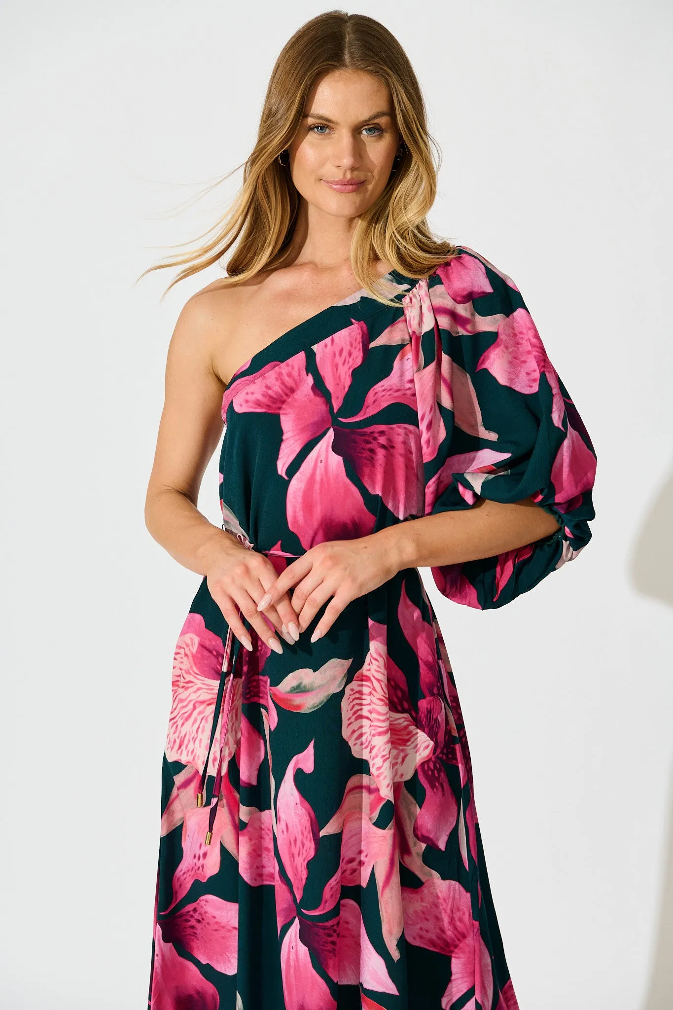 Petal Rhapsody Maxi Dress in Emerald with Pink Floral sold by St Frock product image thumbnail 2