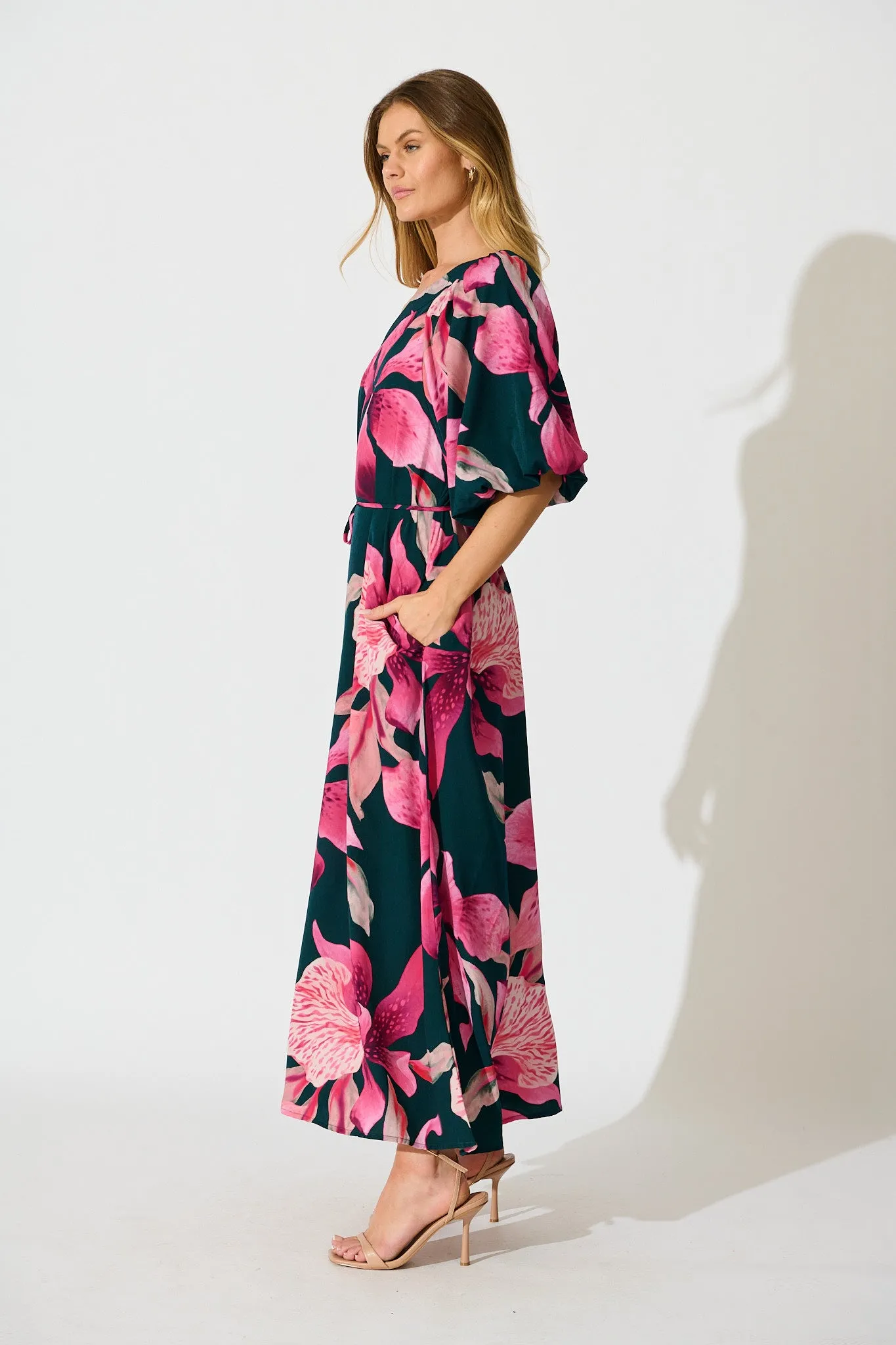 Petal Rhapsody Maxi Dress in Emerald with Pink Floral sold by St Frock product image thumbnail 3