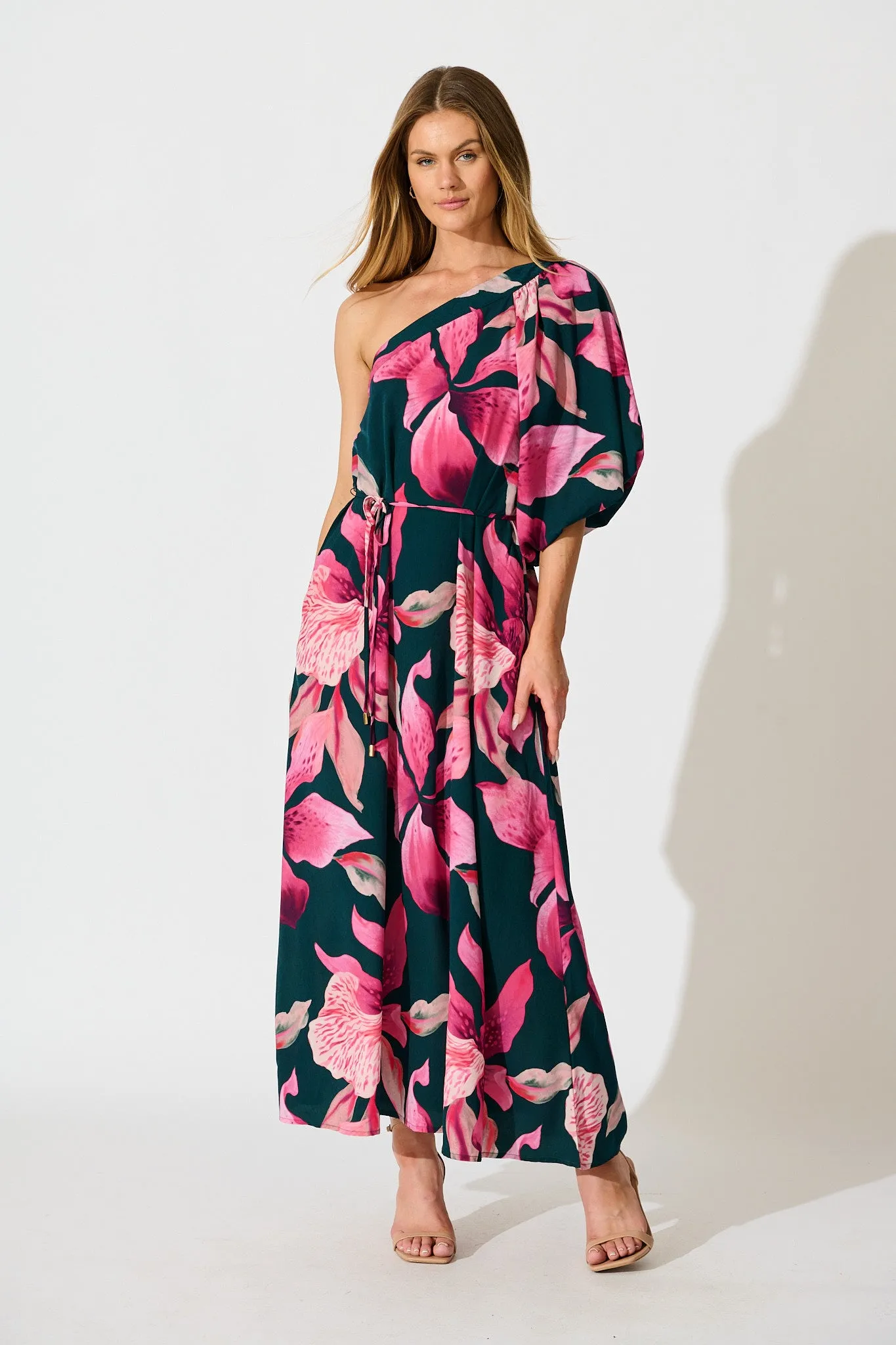 Petal Rhapsody Maxi Dress in Emerald with Pink Floral sold by St Frock