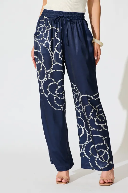 Ayanda Pant in Navy Floral Satin sold by St Frock