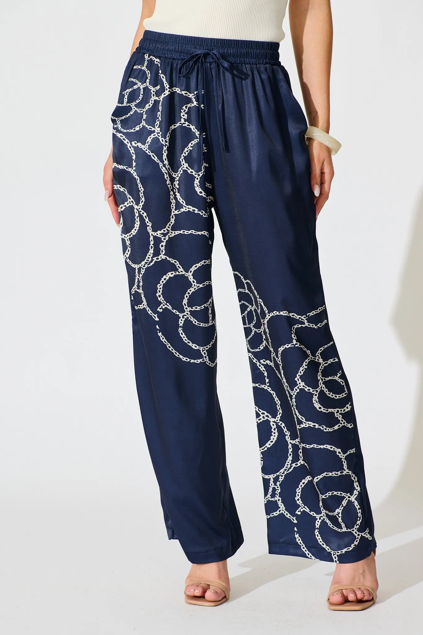 Ayanda Pant in Navy Floral Satin sold by St Frock