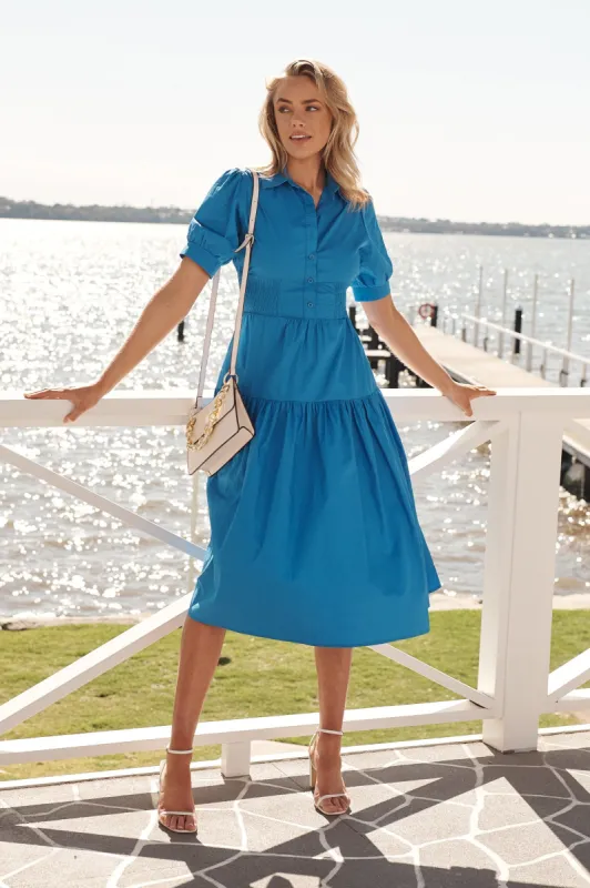 Fairfax Midi Shirt Dress In Cornflower Blue Cotton sold by St Frock