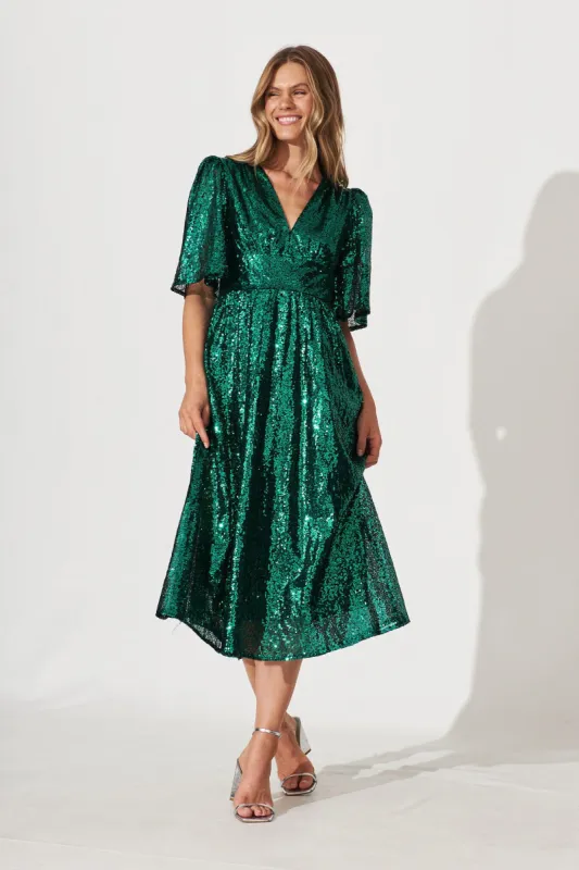 Livorno Midi Dress In Emerald Sequin sold by St Frock
