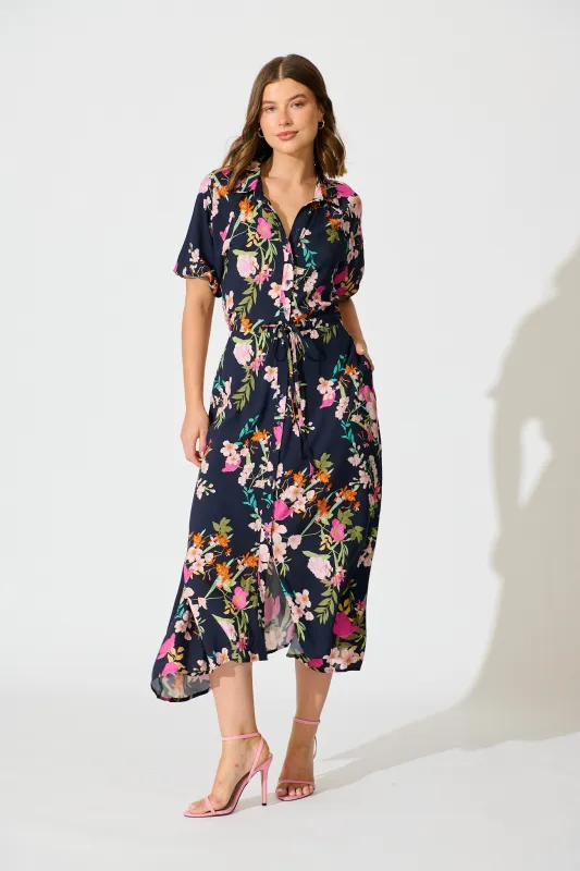 Isla Botanica Midi Shirt Dress in Navy Multi Floral sold by St Frock
