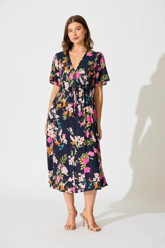 Melody Midi Dress in Navy Multi Floral sold by St Frock