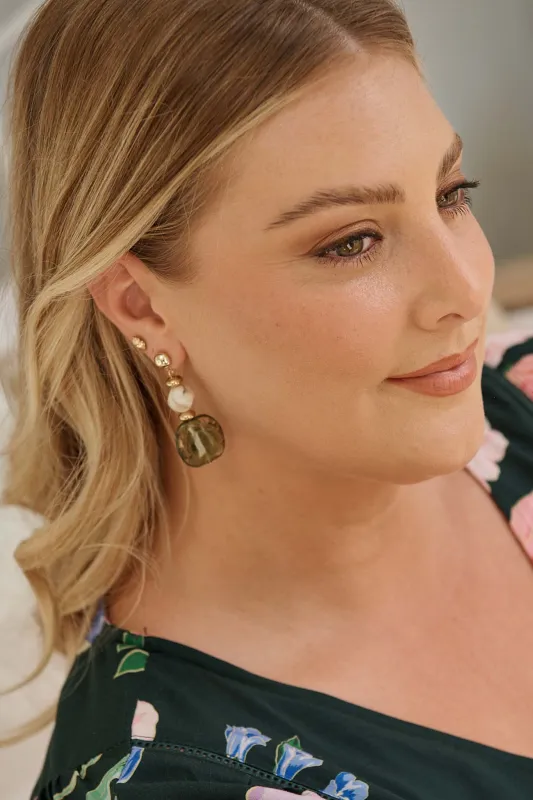 Zara Drop Earrings in Champagne and Jade Green Resin sold by St Frock