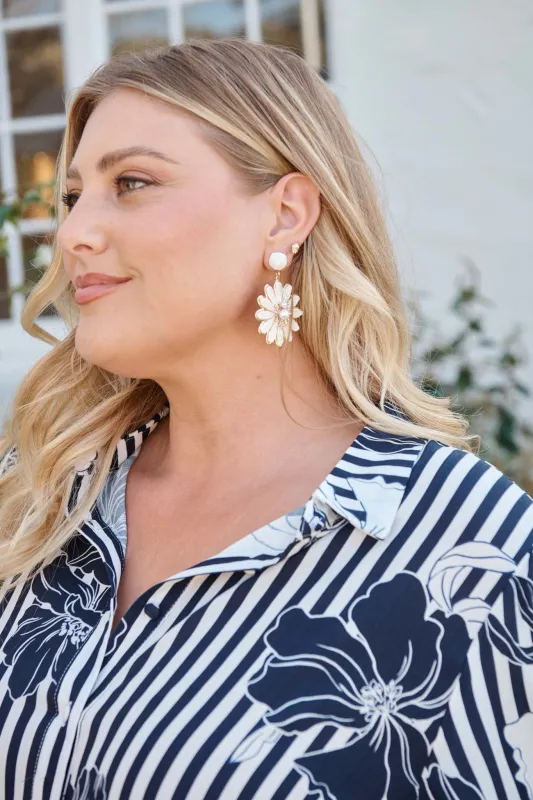 Flora Drop Earrings in White and Gold Daisy Raffia sold by St Frock