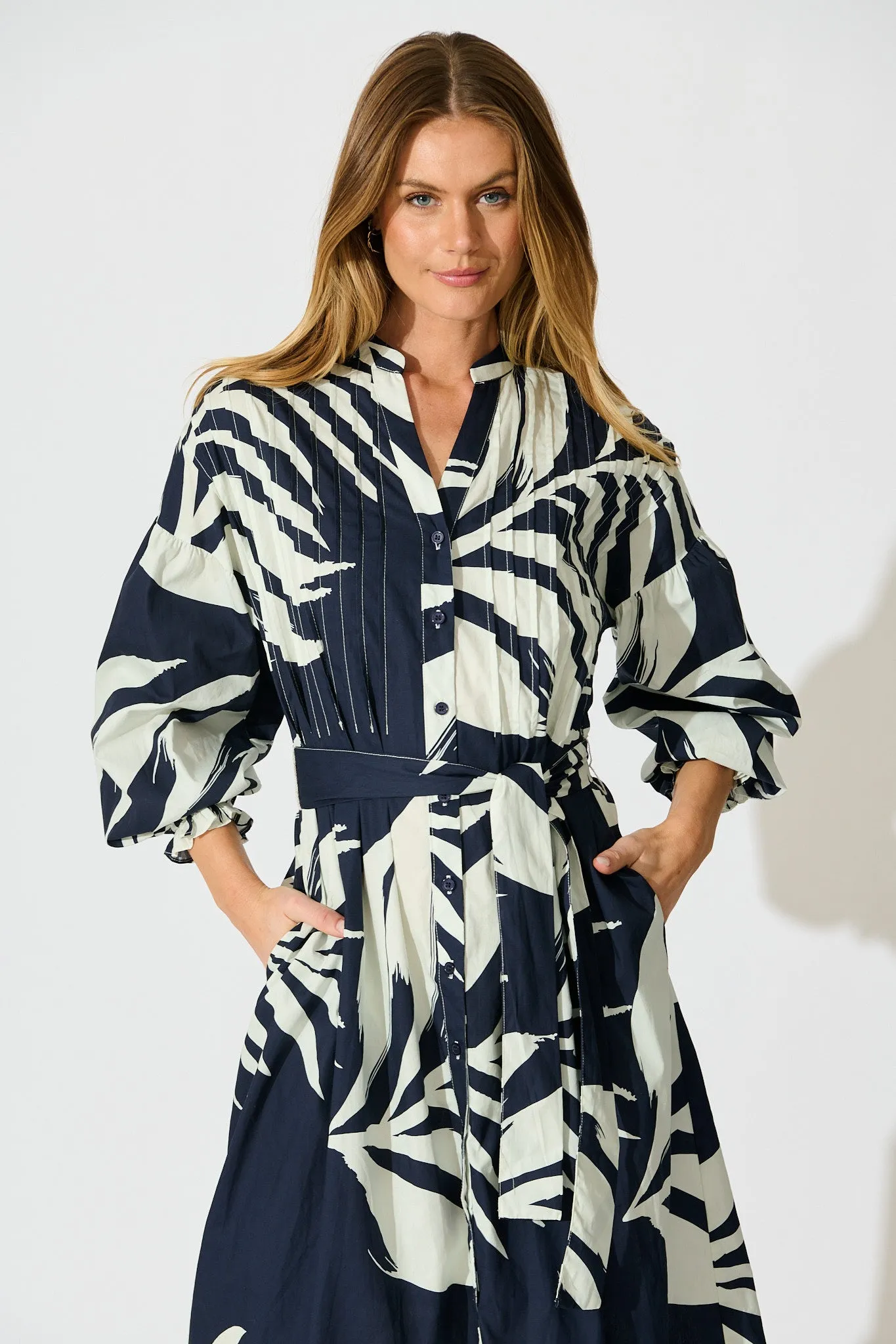 Margot Midi Dress in Navy with White Leaf Cotton sold by St Frock product image thumbnail 2