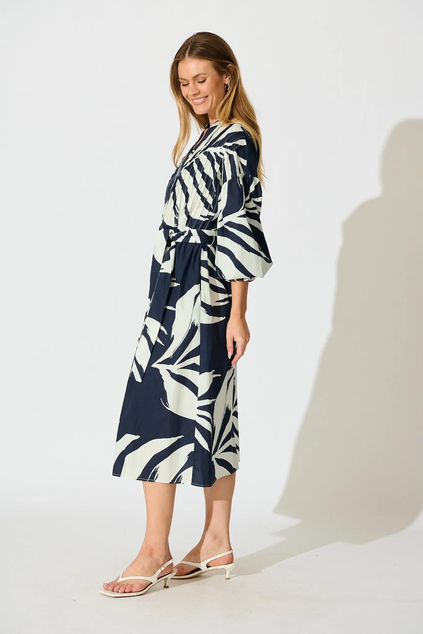 Margot Midi Dress in Navy with White Leaf Cotton sold by St Frock product image thumbnail 3