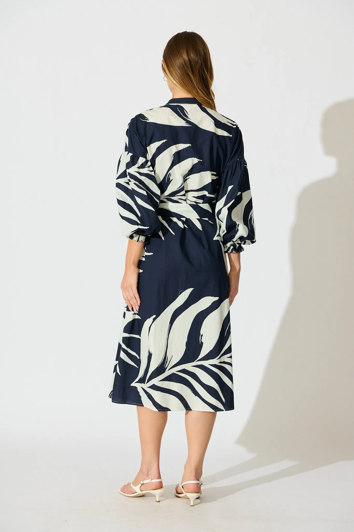Margot Midi Dress in Navy with White Leaf Cotton sold by St Frock product image thumbnail 4