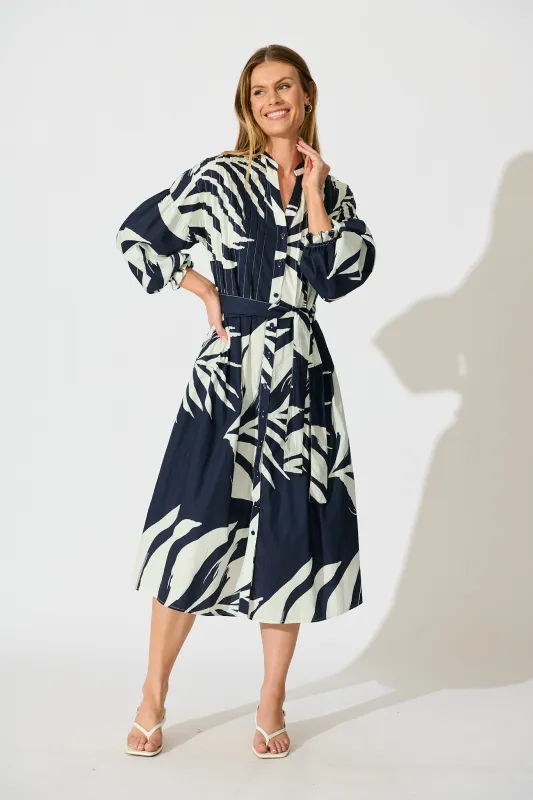 Margot Midi Dress in Navy with White Leaf Cotton sold by St Frock