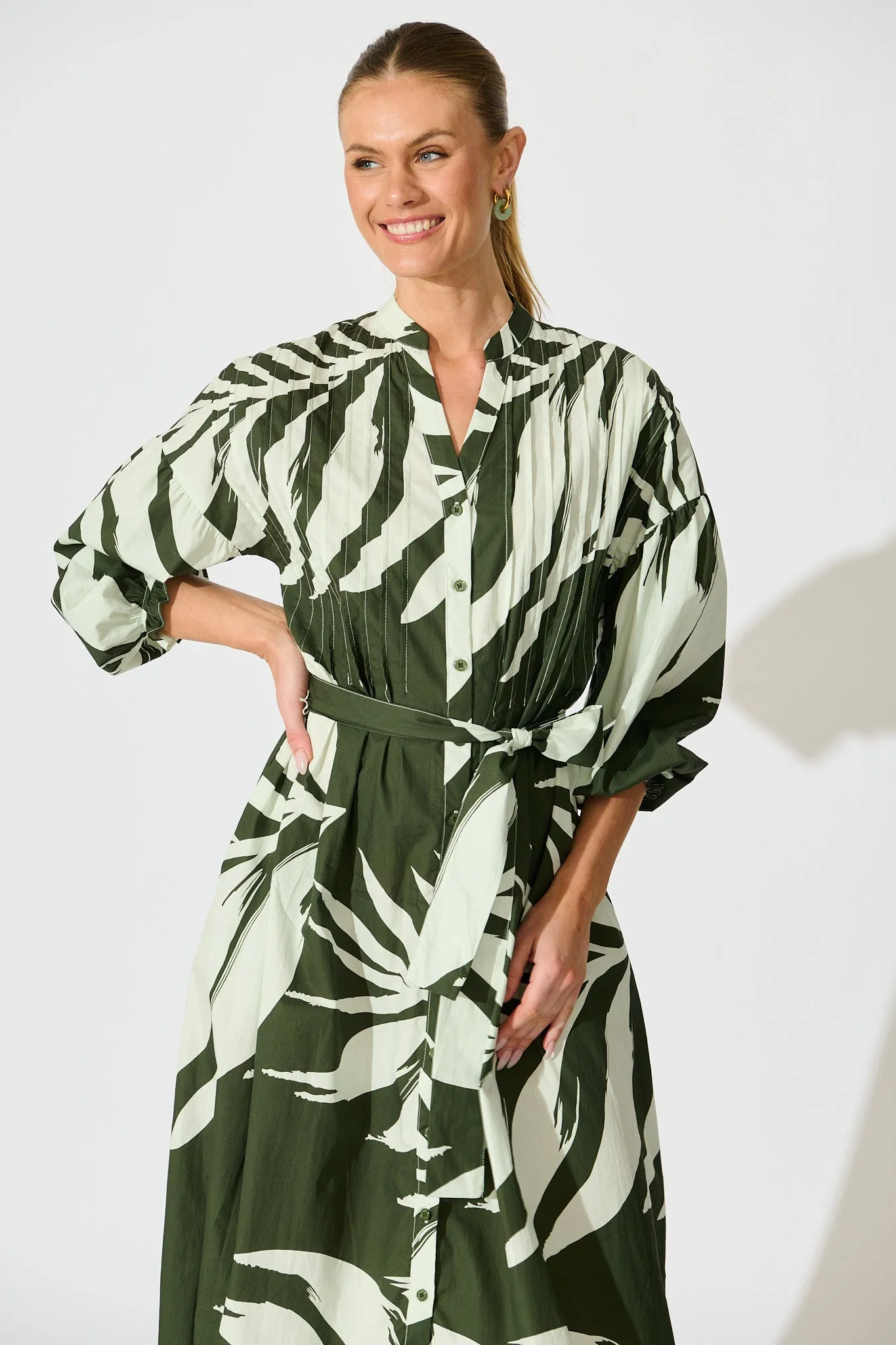 Margot Midi Dress in Green with White Leaf Cotton sold by St Frock product image thumbnail 2