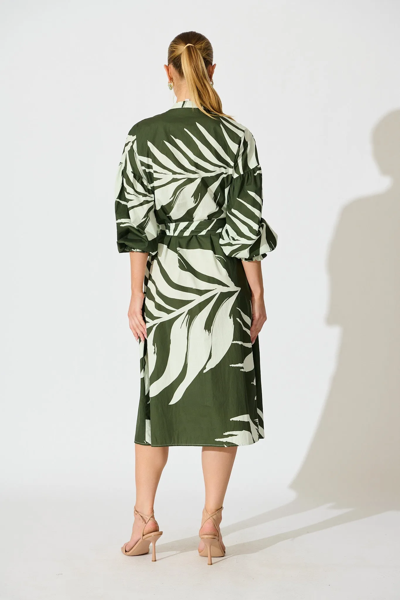 Margot Midi Dress in Green with White Leaf Cotton sold by St Frock product image thumbnail 4