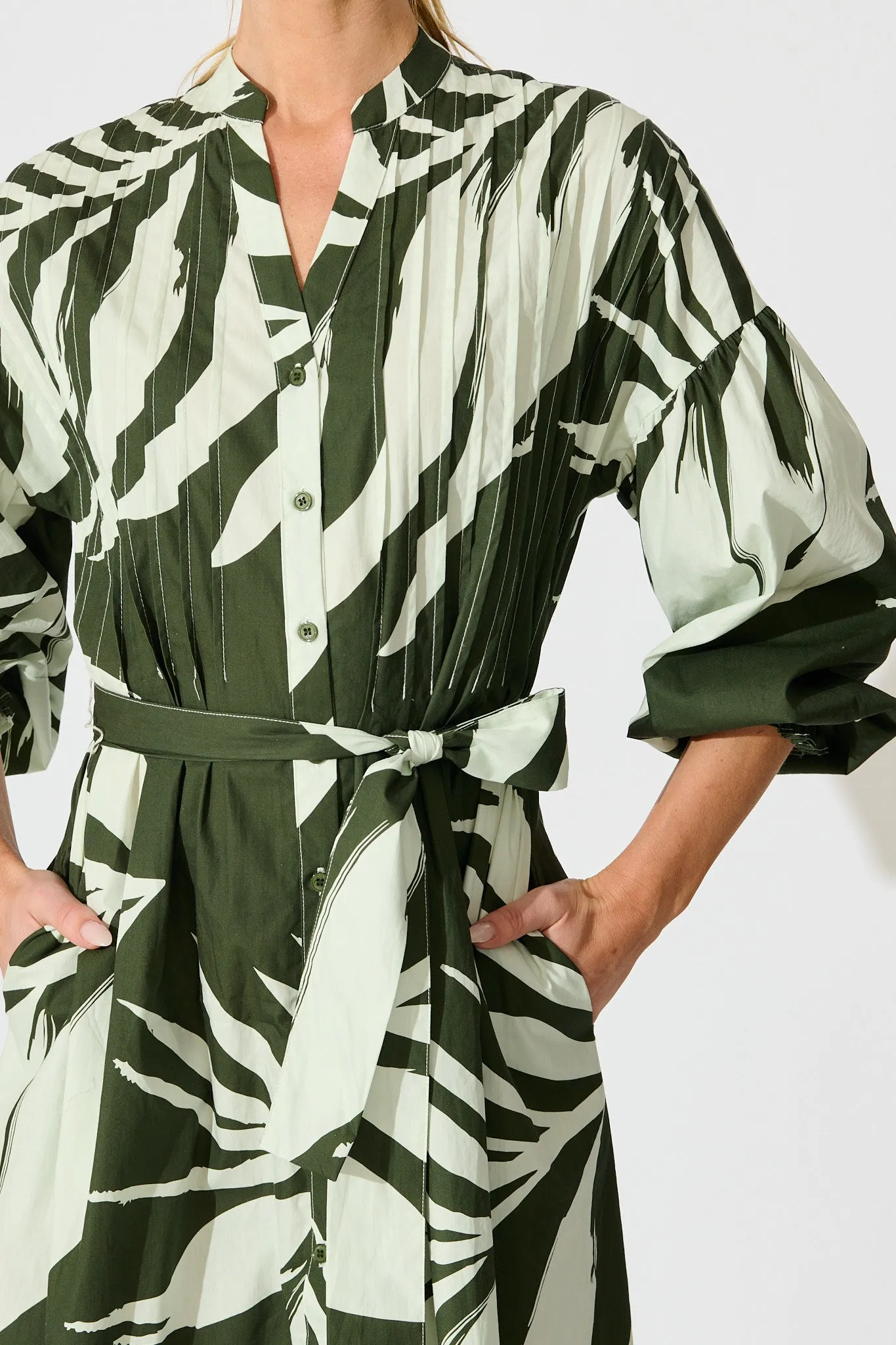 Margot Midi Dress in Green with White Leaf Cotton sold by St Frock product image thumbnail 5